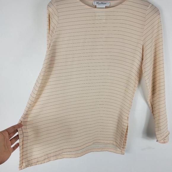 MaxMara Silk Semi Sheer Striped Long Sleeve Crewneck Split Side Blouse - Picture 3 of 10